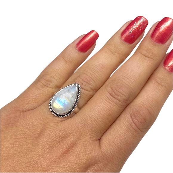 Jewelry - Genuine Rainbow Moonstone Sterling Silver Pear Teardop Natural Stone Ring Sz 7